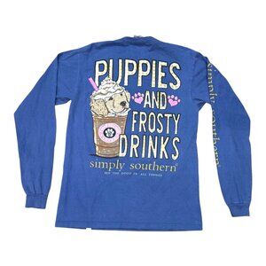 Simply Southern Puppies Frosty Drinks Blue Long Sleeve Shirt S Cotton Womens Top
